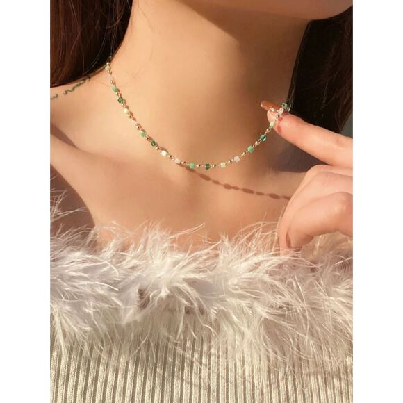 Emerald Green Crystal Gemstone Beaded Necklace Adjstble Chain Choker Gold Collar - Picture 2 of 6